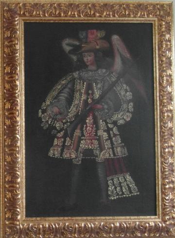 Painting of an angel with clothes of baroque musketeers